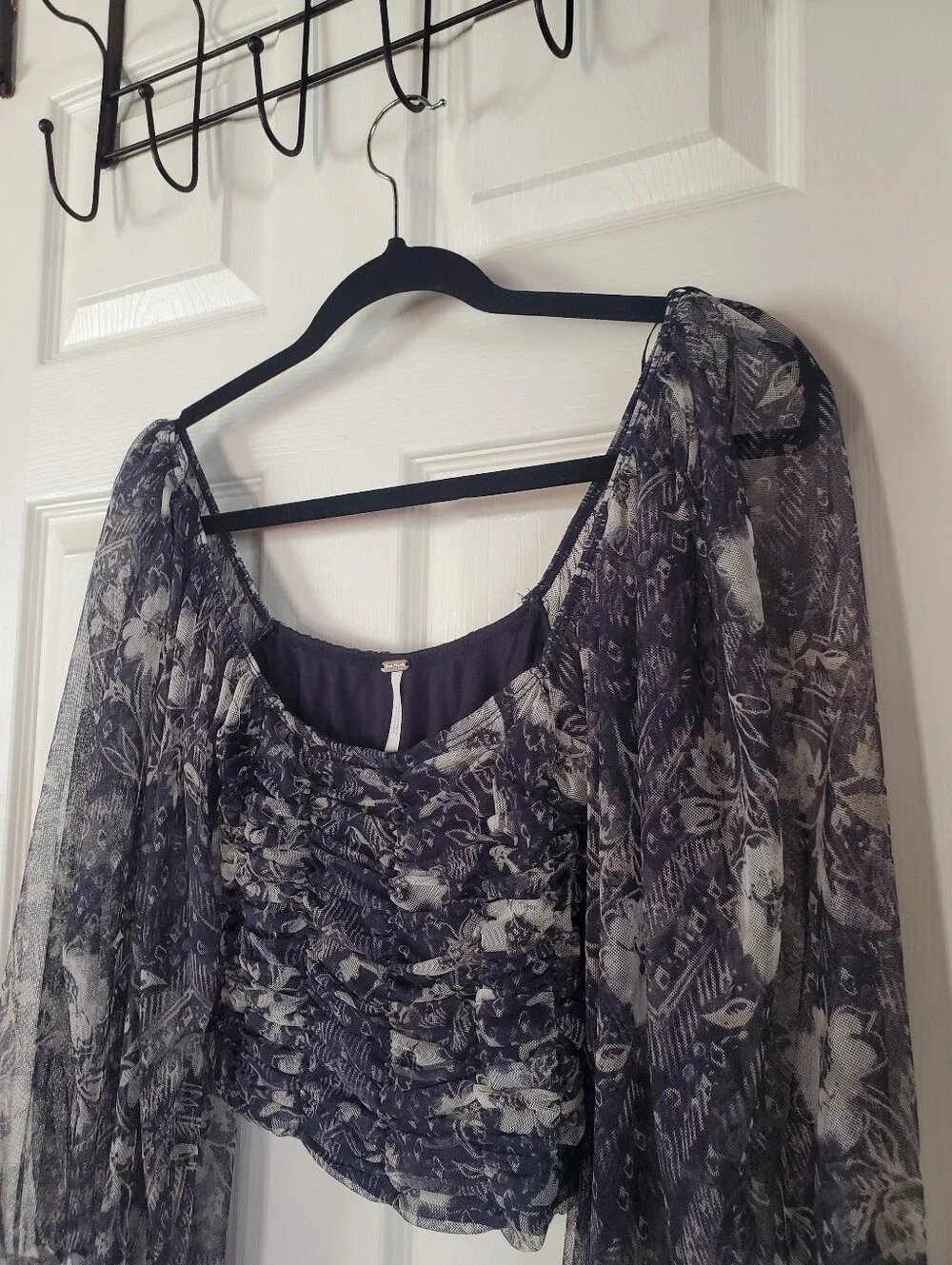 Free People Lilia Top Peasant Smocked Crop Baloon Sheer Sleeves Preppy Festival